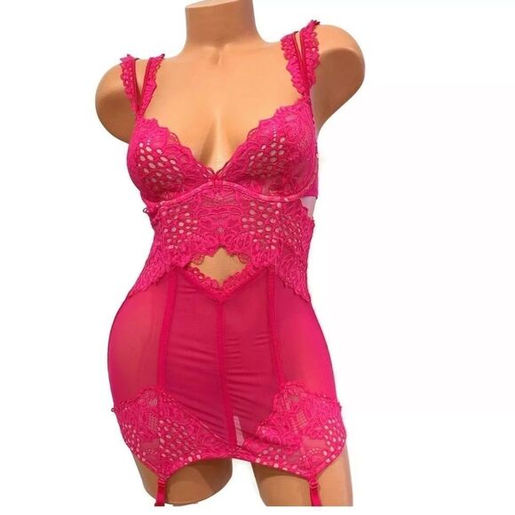 Victorias Secret Sexy Eyelet Cutout Lace Mesh Garter Slip Babydoll 34C pink - Picture 3 of 6